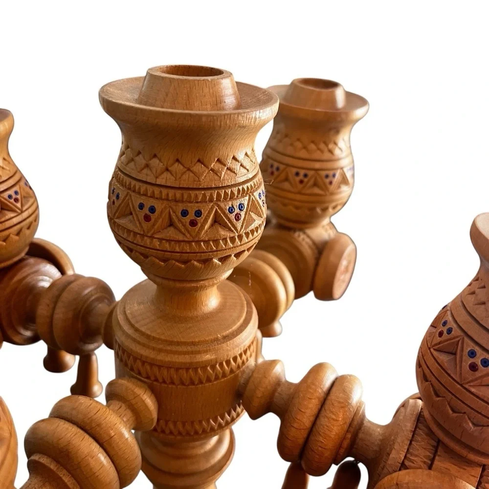 Large 14” Scandinavian German Turned Wood Beaded 5 Arm Candelabra